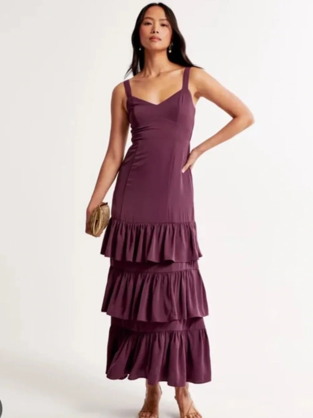 Abercrombie & Fitch Maroon Matte Satin Tiered Ruffle Maxi Dress